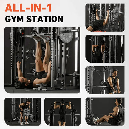 Smith Machine, All-In-One Power Rack Cage with Vertical Leg Press, 2000LBS Power Cage Squat Rack with Smith Bar, Dual Pulley Cable Crossover System for Home Gym